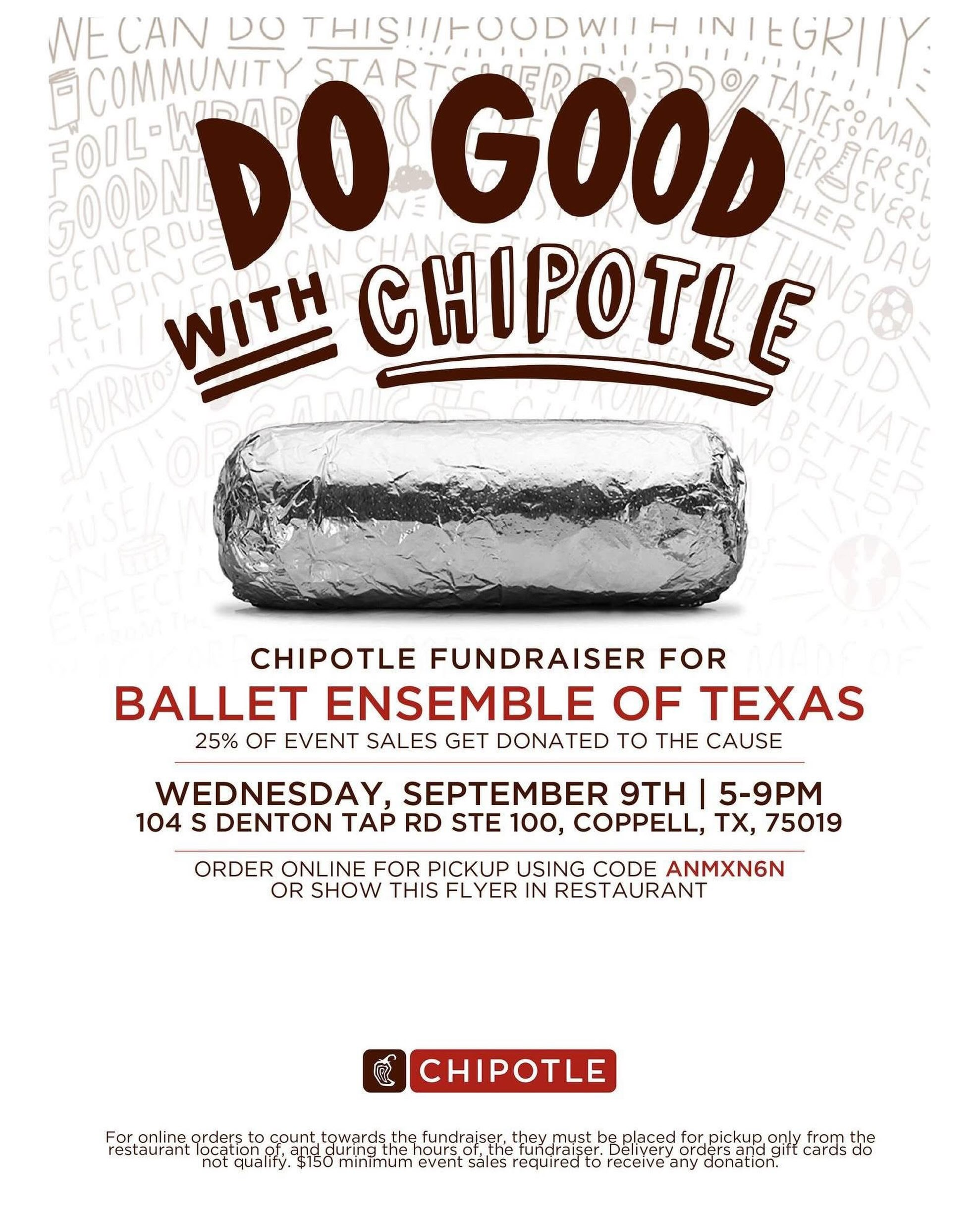 Ballet Ensemble of Texas Spirit Night!

Join us for our first Spirit Night of the season at Chipotle!

📅 Wednesday, September 9
⏰ 5:00–9:00 PM
📍 Chipotle – 104 S Denton Tap Rd, Coppell

25% of sales will be donated to Ballet Ensemble of Texas!

Bring your family and friends, grab dinner, and support our dancers and their performances. Every order makes a difference!

Thank you for supporting Ballet Ensemble of Texas!
#coppellchamber