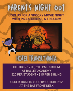 PIZZA + MOVIE NIGHT IS COMING TO BAT!

Parents, enjoy a Saturday-night break while your child settles in for Dracula Movie Night: A Spooky Parents’ Night Out—a cozy movie-and-pizza fundraiser benefiting the Ballet Ensemble of Texas’ upcoming Dracula production. 

Saturday, October 17 6:00-8:30 p.m.

Ballet Academy of Texas

$20 for the first child | $15 for each additional
sibling

Each ticket includes a family-friendly movie, 2-3 slices of pizza, popcorn, a treat, and a drink. Send your child in comfy clothes or PJs with a blanket, sleeping bag, or floor pillow.

Net proceeds benefit BET’s Dracula production. Space is limited, and advance registration is required so we can plan food and supervision.

Purchase your spot at the front desk with cash, check or Zelle

#coppellchamber