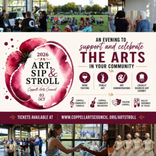 Art, Sip & Stroll is a chance to come together and celebrate the artists, performers, public art, and community groups that make Coppell such a special place. Add wine tastings, art, and live performances, and you’ve got a pretty great night out! 🥂🎨

🌧️✨ If the rain rolls in, we’ll bring the fun indoors and continue sipping and strolling throughout the Coppell Arts Center.

Come sip, stroll, and celebrate with us this Saturday! 🎟️✨

https://www.coppellartscouncil.org/artstroll

#ArtSipAndStroll #CoppellArtsCouncil #CoppellArts #CoppellTX #coppellchamber